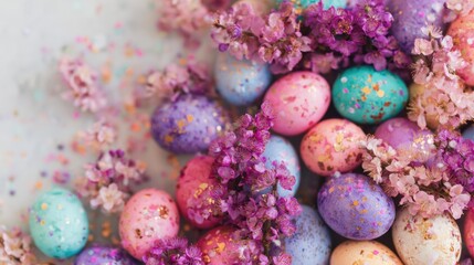 Obraz premium Colorful eggs surrounded by flowers for Easter celebration