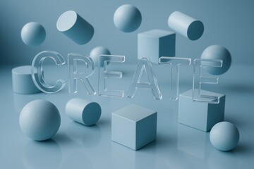 Transparent glass word CREATE surrounded by floating blue spheres, cubes, and cylinders in minimal digital art style on a soft blue background. Ai generative