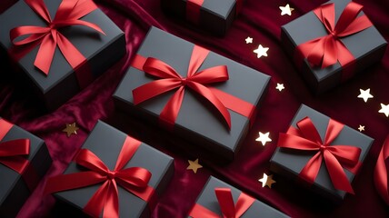 Black Friday elegance: Top-view shot of exquisite black gift boxes, complemented by vine-colored ribbon bows, shiny confetti on marsala backdrop—symbolic of unbeatable deals, space for promotion