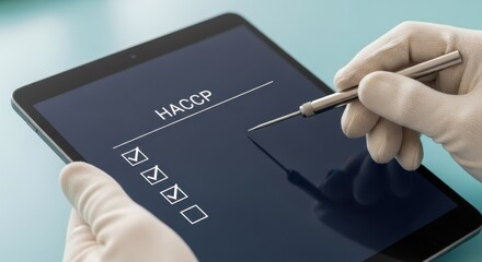 Gloved hand pointing to HACCP checklist on a tablet screen