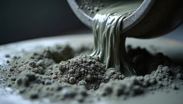 Wet cement mix pours from container onto dry powder. Grey concrete material flows, showing texture, fluidity in close detail. Industrial process prepares building components for construction