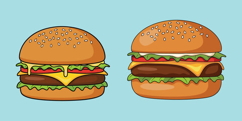 MobileTasty hamburger illustration, beef burger comparison, fast food vector, cheeseburger layers, sesame bun, tomato, lettuce, cheese, flat vector illustration