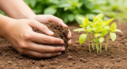Hands carefully planting a seedling in fresh healthy soil