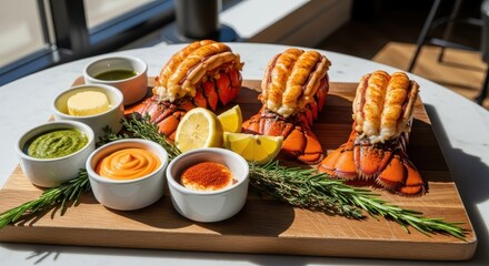Grilled Lobster Tails with Butter and Lemon Garnishes on a Wooden Platter