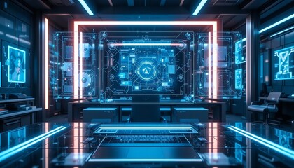 Futuristic Cyber Control Room With Hologram Interface, concept