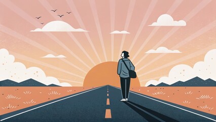 personal vision road concept. A person walking towards a sunset on a deserted road.