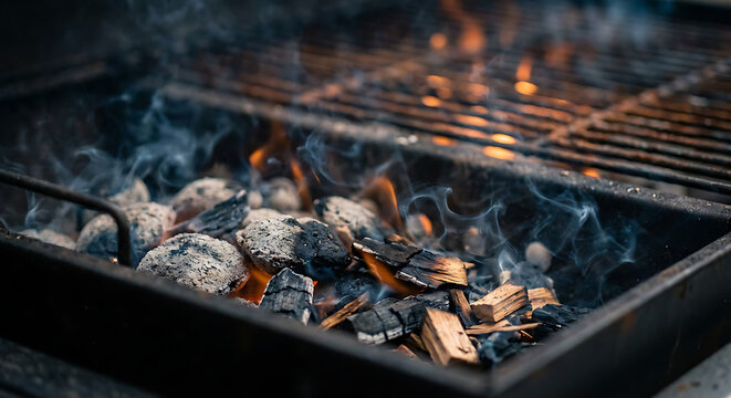 Close-Up of Burning Charcoal and Wood Flames on Outdoor Grill Ready for Cooking