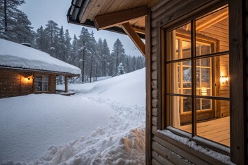 Snow outside a wooden cabin window with warm interior light
