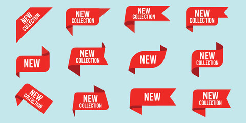 Red ribbon labels, new collection tags, promotional stickers, retail design elements, marketing badges, product highlight, flat vector illustration