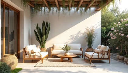 Fototapeta premium Modern patio furniture set with comfy cushions. Outdoor lounge area with plants and wooden table. Stylish exterior space for relaxation and entertaining guests.