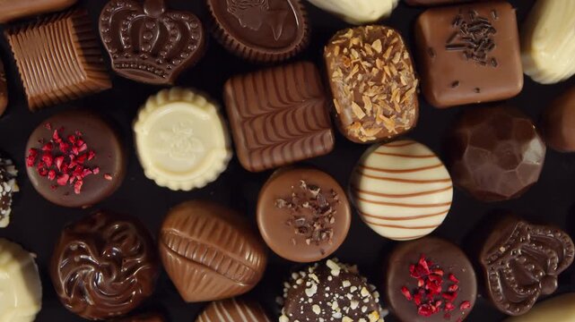 Top view of assorted praline chocolates with decorative toppings, stripes, and nuts on black background