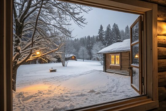 Snow outside a wooden cabin window with warm interior light