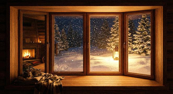 Snow outside a wooden cabin window with warm interior light