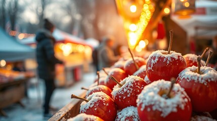 Snow covered apples or snacks at a winter market stall with people and tents