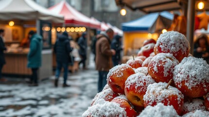 Snow covered apples or snacks at a winter market stall with people and tents