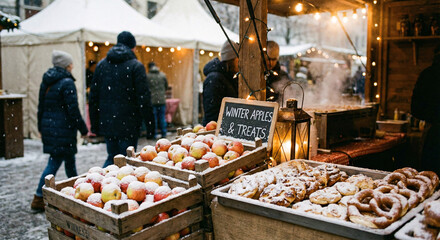 Snow covered apples or snacks at a winter market stall with people and tents