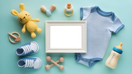 Baby accessories concept. Top view photo of two photo frames blue teddy-bear toy rattle socks milk bottle teether and knitted shoes on isolated pastel beige background with empty space