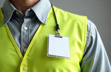 Person wears bright yellow safety vest over grey shirt. Blank white name badge clip attached for identification. Empty space for text on card.