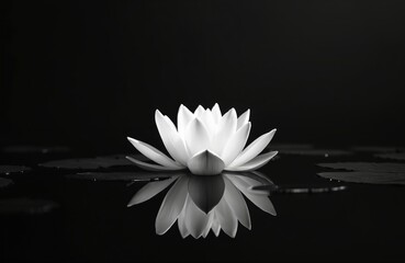White lotus flower floats on dark water surface with reflection. Serene photo illustrates peace zen and meditation concept. Floral nature background for design projects.