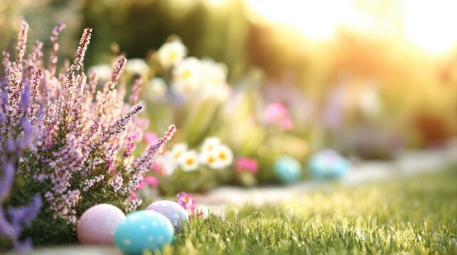 Colorful Easter eggs in a vibrant garden during springtime afternoon