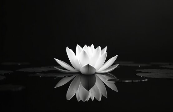 White lotus flower floats on dark water surface with reflection. Serene photo illustrates peace zen and meditation concept. Floral nature background for design projects.