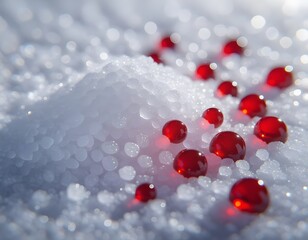 Abstract concept of diabetes shown by red droplets on white sugar-like granules, symbolizing high glucose levels, metabolic imbalance and blood chemistry disruption.