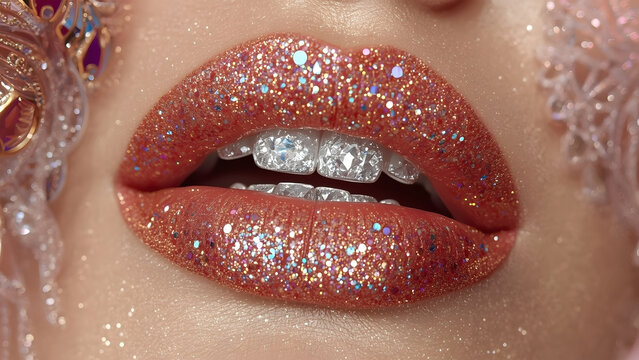 Sparkling pink glitter lips with diamond teeth grill, hyperrealistic glamour makeup close-up