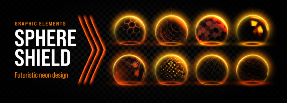 Shield gold with 3d dome protect and glass. Logo golden icon with globe and shield. Gold 3d sphere bell crown geodesic oval honeycomb badge round background black light line abstract ai circle glow.