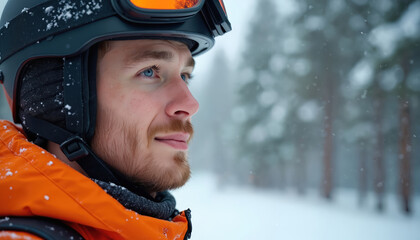 Man in orange ski jacket and helmet ready for winter sport. Snow falling on his gear and face while looking out over a snowy forest landscape. Active vacation concept.