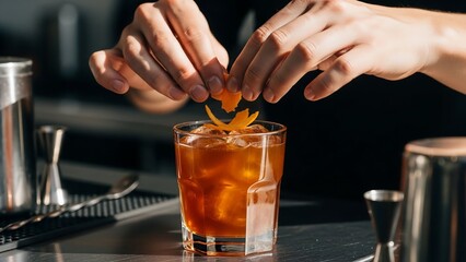Male barista assembling orange cold brew drink, bright cinematic daylight for modern artisanal beverage promotion