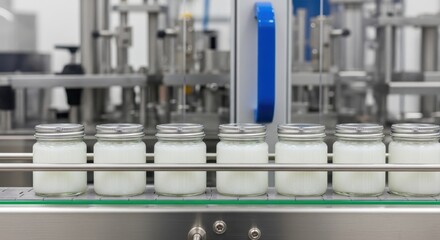 Jars of Cream on a Conveyor Belt in a Manufacturing Production Line