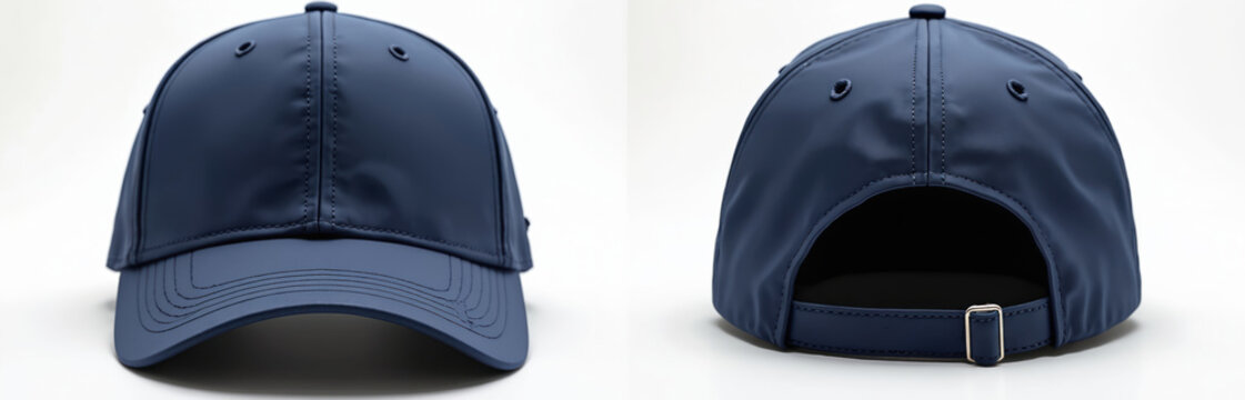 Navy blue baseball cap shown front and back. Versatile headwear for design mockup and branding projects. Simple unisex accessory for fashion or sports attire. Cotton fabric with adjustable strap.