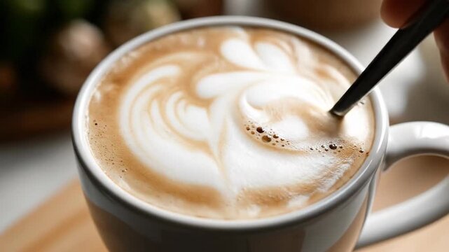 Close up hand stirring freshly brewed coffee cup with beautiful latte art foam
