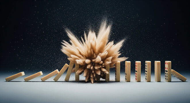 Domino Effect in Chaos: A captivating image capturing the chain reaction of dominoes toppling in an organized line, disrupted by an explosive burst of fine particles, symbolizing chaos