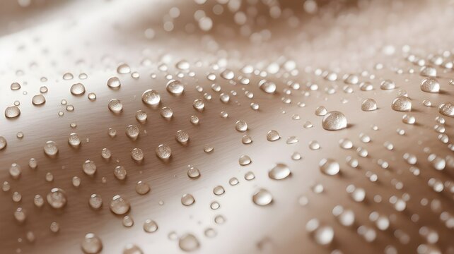 Close up photo of little water drops with contour shadow isolated on beige color background