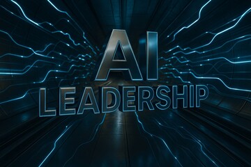 Bold metallic AI leadership text in a futuristic tunnel with glowing blue lines, digital atmosphere, technological concept of innovation and authority. Ai generative