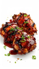 Three glazed chicken thighs, glistening with a rich sauce, are presented on a white background