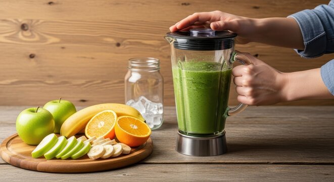 Making a green smoothie with fresh fruit in the kitchen
