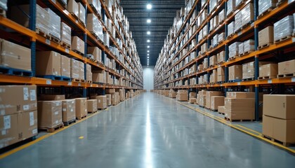 Fototapeta premium Boxes sit on racks in big storage. Warehouse is full of carton packages. Distribution center organizes cargo handling. Logistic company transports orders and inventory from storage for shipment.