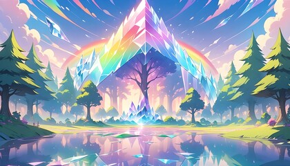 Radiant Crystal Tree Under Spiral Rainbow Sky