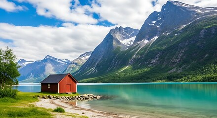 Idyllic red cabin on a turquoise lake with majestic snow capped mountains