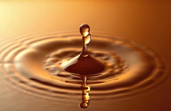 Amber liquid droplet impacts fluid surface creating concentric ripples. Close up macro view shows smooth motion and abstract patterns. Calmness and reflection in liquid.