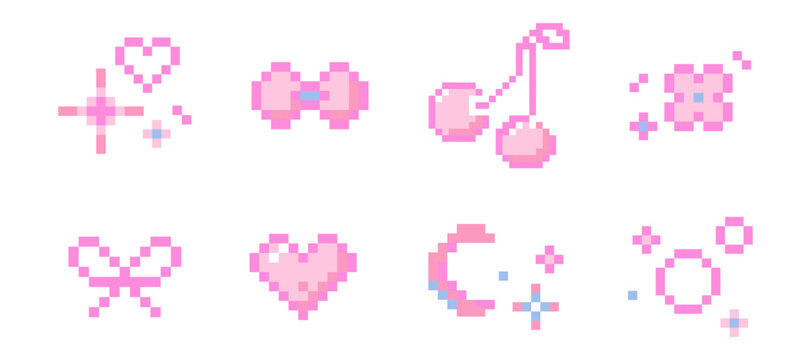 Set cute pixel elements, girly stars, bows, heart. Spring flowers and cherry y2k retro game 8 bit icons. Pixel collection.