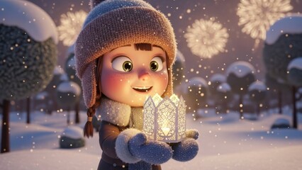 Whimsical winter scene featuring a young girl holding a glowing lantern amidst