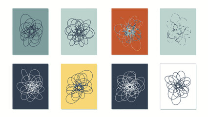 Eight abstract artworks featuring chaotic overlapping oval lines on varied colored backgrounds, presented in a grid.