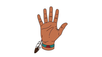 A cartoon illustration of an open hand with brown skin, adorned with a turquoise and red patterned bracelet and two feathers, on a white background.