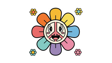Colorful cartoon flower with a peace sign face, surrounded by smaller flowers, in a retro hippie style.