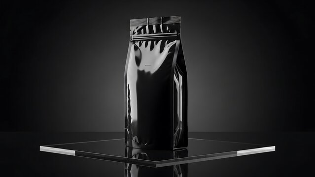 Glossy black MOPP/PE standing pouch on reflective dark acrylic surface, cinematic rim-lit product photography for bold premium packaging visuals