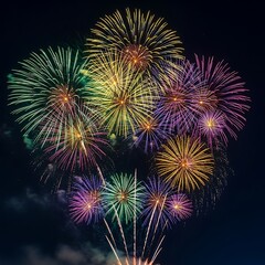 Nighttime holiday visual featuring a dramatic firework display with various colors and a romantic heart design at the center.