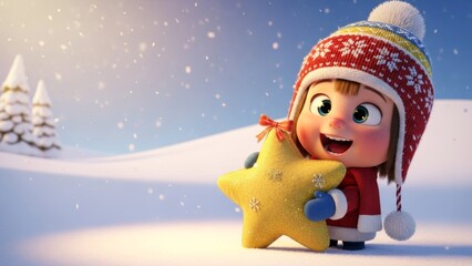 Adorable animated girl dressed in winter clothing joyfully holding a large